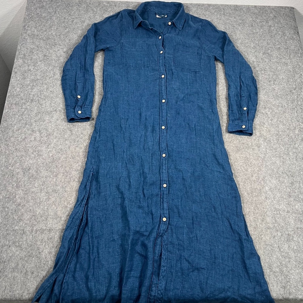 Faherty Brand Blue Chambray Linen Long Sleeve Midi Shirt Dress Womens Size Small